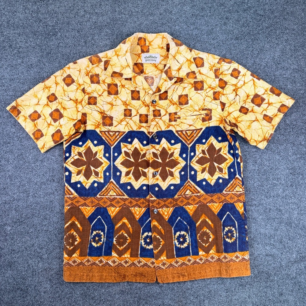 Vintage 70s Malihini Hawaiian Shirt Mens M Barkcloth Tribal Batik Camp Loop